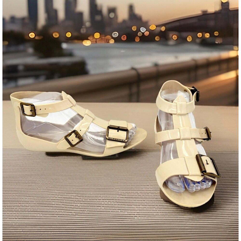 Burberry Cream Patent Strappy Buckle Sandals